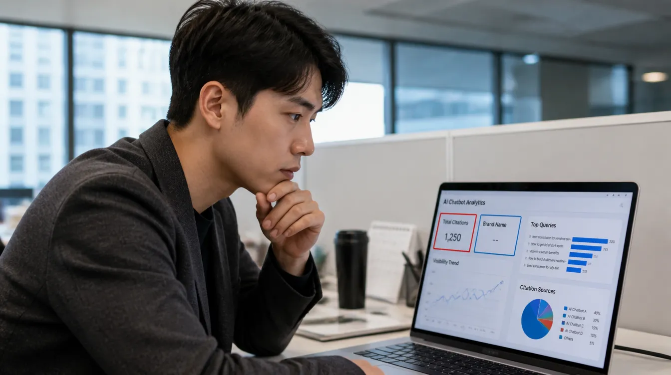 유령 인용 데이터를 보며 브랜드명이 빠진 AI 답변을 확인하는 마케터 — SEO 뉴스 2026