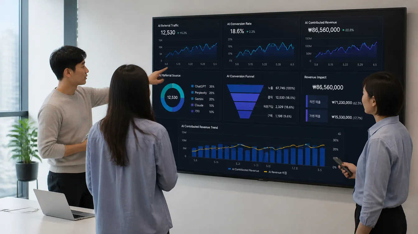 AI 가시성 ROI 대시보드로 매출 데이터를 확인하는 마케팅팀 — SEO 뉴스 2026