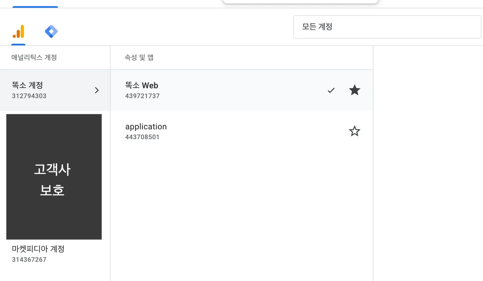 똑소 서비스의 GA4 계정·속성·데이터 스트림 분리 관리 구조도