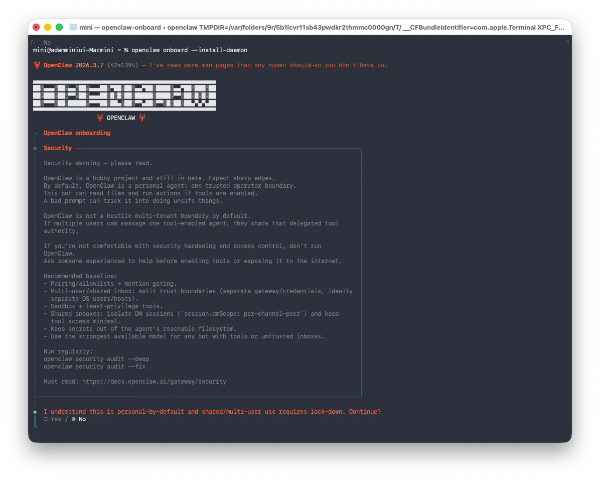 openclaw onboard --install-daemon 입력하면 나오는 보안 경고창